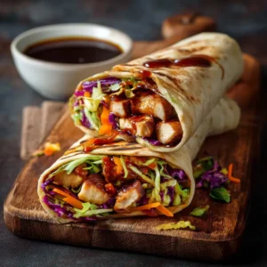 Two healthy homemade teriyaki chicken wraps filled with fresh vegetables, shown on a clean white surface.