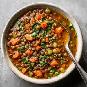 A steaming bowl of homemade vegetarian lentil soup, viewed from overhead. Carrots, celery, and lentils are visible in the rich, savory broth.