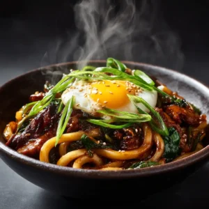 A close-up shot of stir-fried udon noodles being lifted from a bowl with chopsticks, showing the texture of the sauce and vegetables.