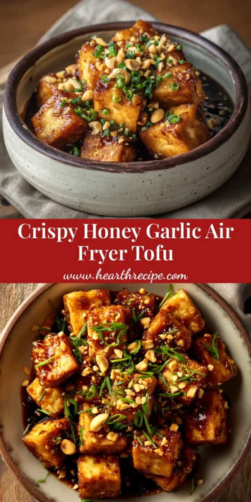A close-up of crispy honey garlic air fryer tofu in a white bowl, garnished with sesame seeds and green onions.