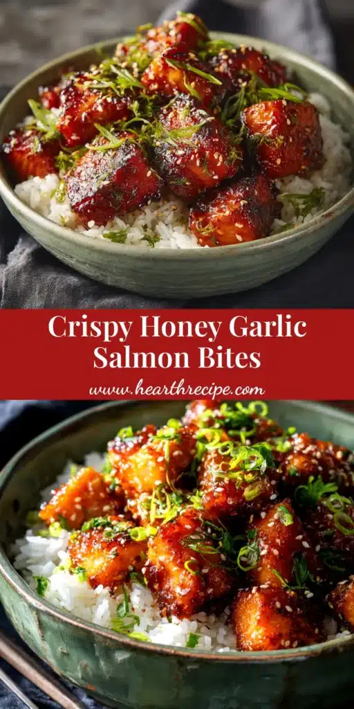 A close-up overhead shot of sticky honey garlic salmon bites in a white bowl, garnished with sesame seeds and fresh green onions. Perfect for a quick weeknight dinner.