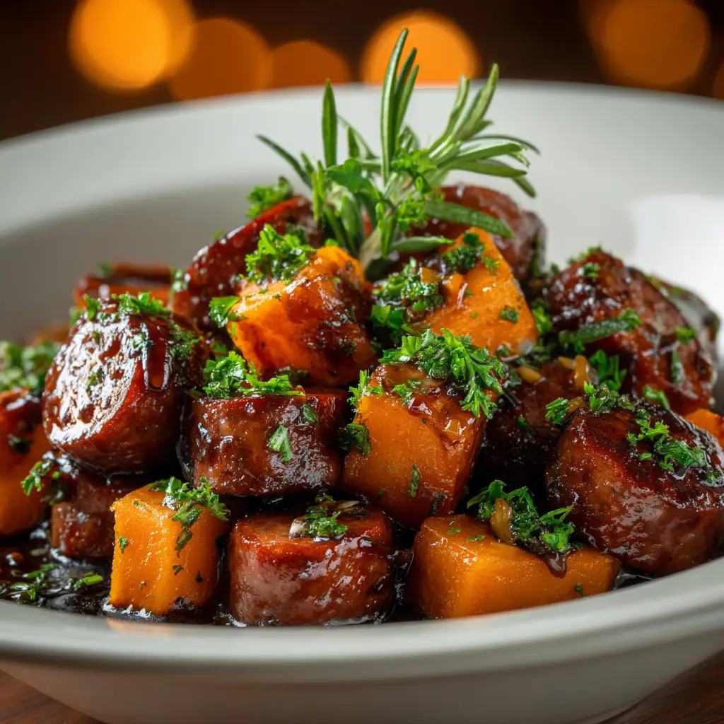 The honey garlic sausage, sweet potatoes, and broccoli being tossed together on a sheet pan before the final roast, showing the uncooked ingredients coated in sauce.