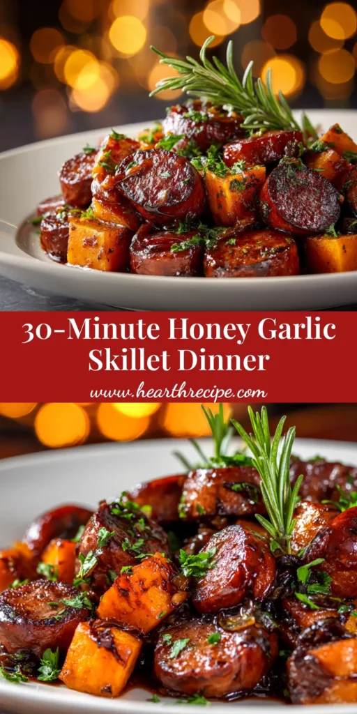A top-down view of a sheet pan with honey garlic sausage and sweet potatoes, perfectly roasted and caramelized. The dish is vibrant with orange sweet potatoes and green broccoli.