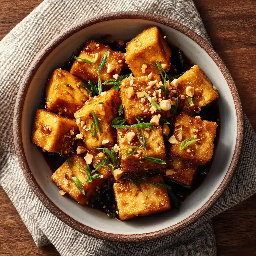 A serving of honey garlic tofu on a bed of white rice with a side of steamed broccoli.