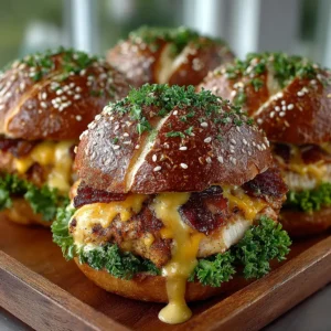 An extreme close-up of three honey mustard chicken sliders, showing the creamy sauce, crispy bacon, and fresh lettuce.