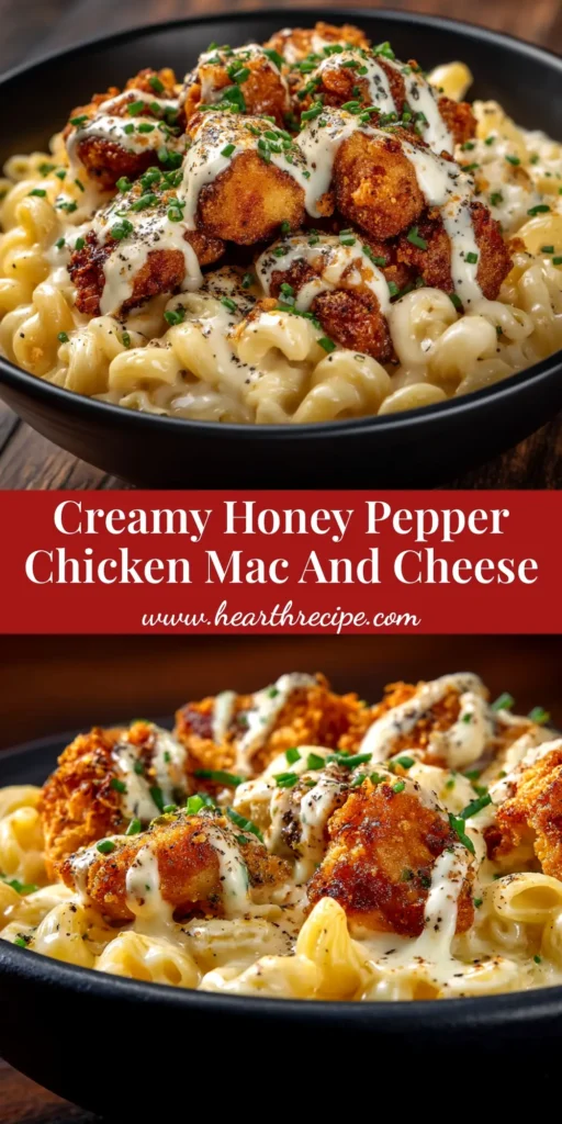 A large white bowl of creamy Honey Pepper Chicken Mac and Cheese, garnished with fresh parsley. The pin text overlay reads 'The Best Honey Pepper Chicken Mac and Cheese Recipe'.
