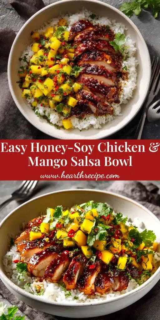 A close-up vertical shot of sticky honey-soy glazed chicken in a white bowl, garnished with sesame seeds and green onions, ready to be pinned.