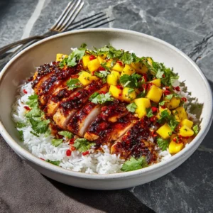 A beautiful plate of honey-soy glazed chicken served with a colorful mango salsa and a side of fluffy white rice.