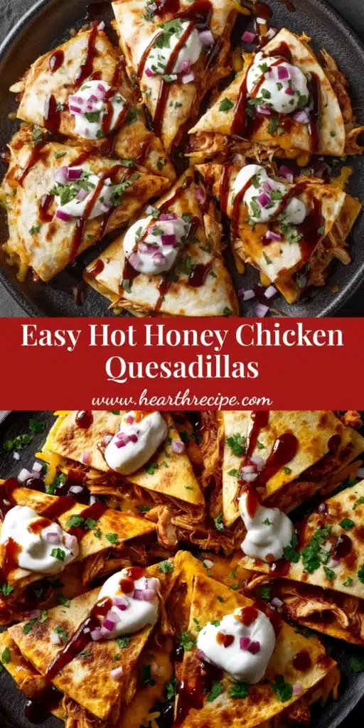 Hot Honey BBQ Chicken Quesadillas: A Sweet & Spicy Delight 3 A platter of perfectly cooked Hot Honey BBQ Chicken Quesadillas, sliced into wedges to show the gooey, cheesy chicken filling inside, garnished with fresh cilantro.