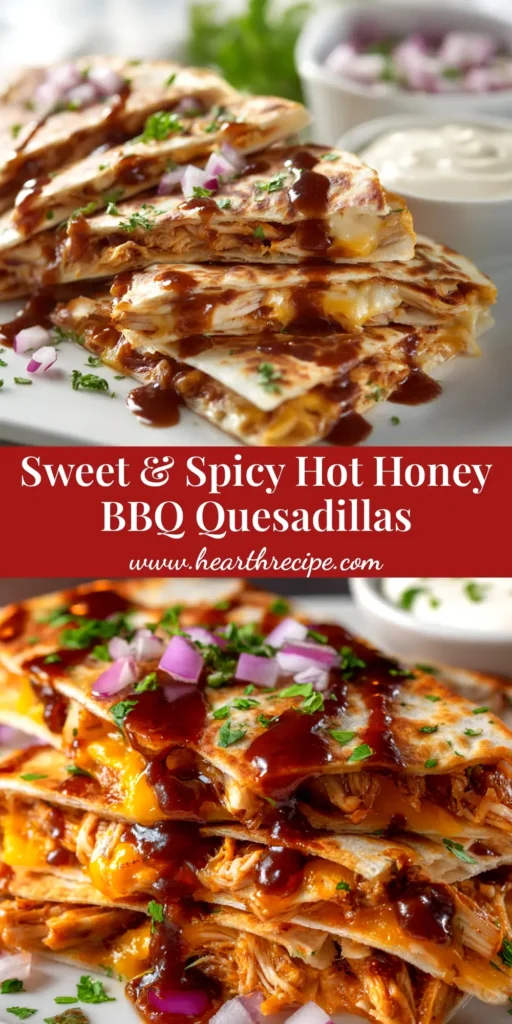 A delicious stack of Hot Honey BBQ Chicken Quesadillas cut into wedges, revealing the cheesy, savory filling. A perfect easy dinner recipe.