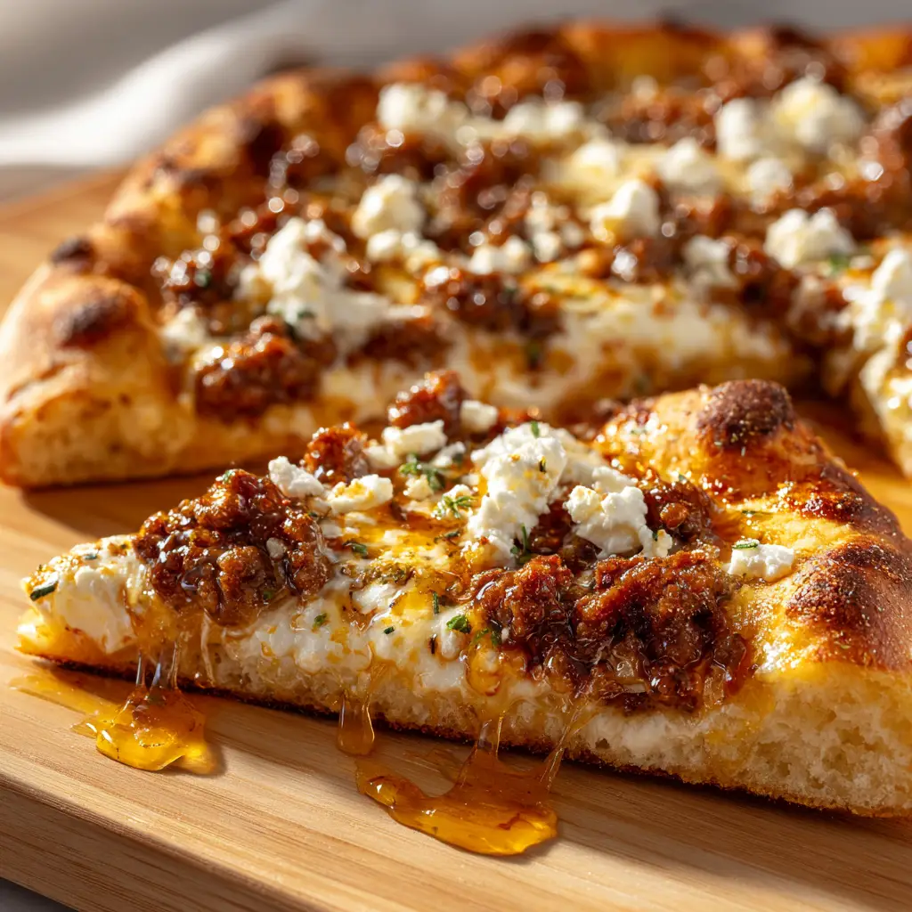 A close-up shot of the finished sausage feta pizza, showcasing the golden-brown crust, bubbly cheese, and glistening honey drizzle.