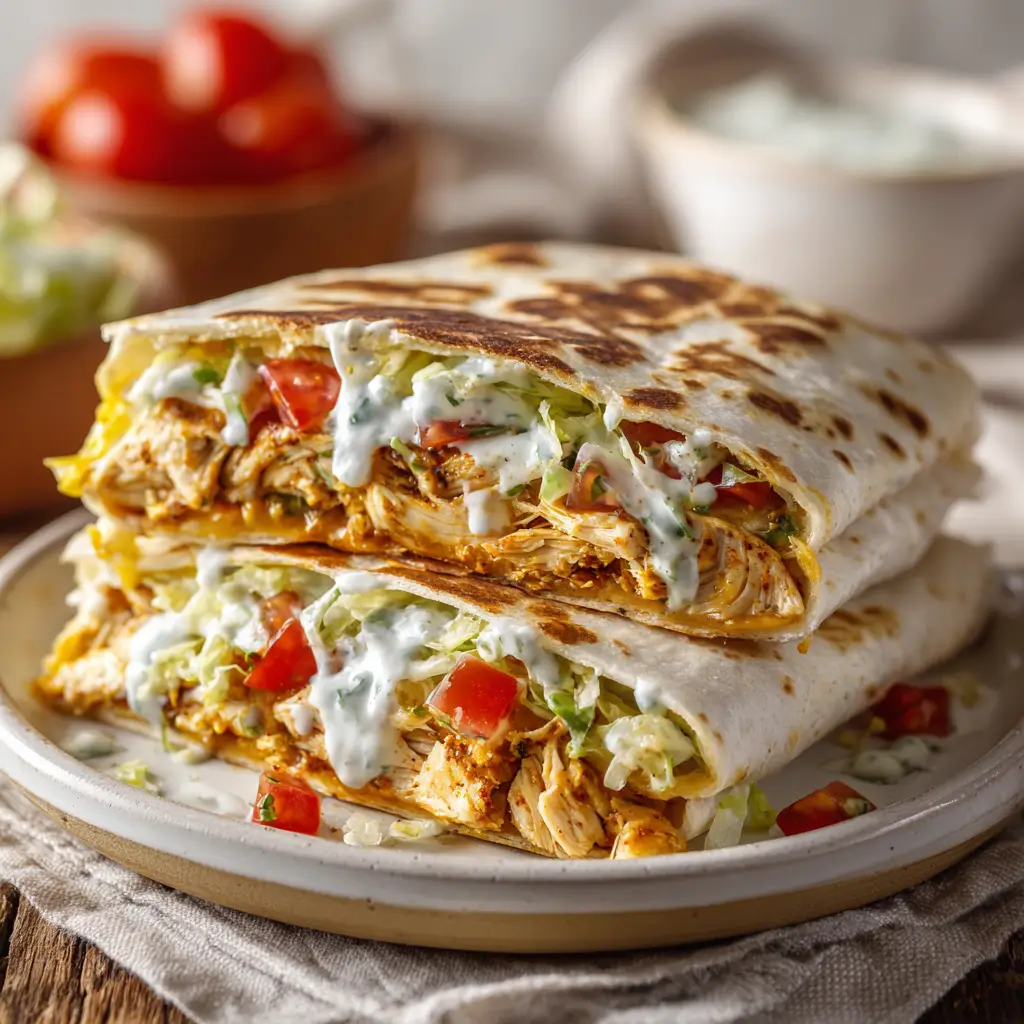 Step-by-step assembly of the chicken crunch wrap, showing the layers of seasoned chicken, tostada, and fresh vegetables on a large tortilla.