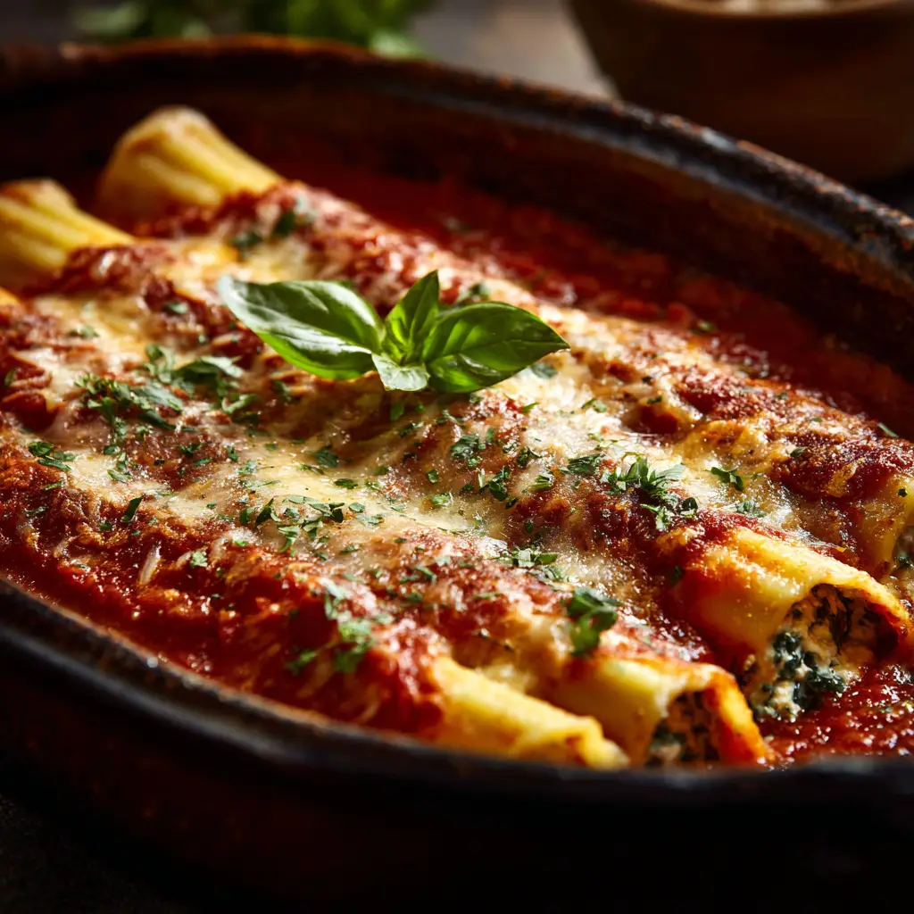 The process of assembling Spinach and Ricotta Stuffed Manicotti in a baking dish before it goes into the oven.