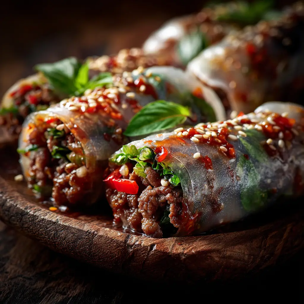 A step-by-step image showing a rice paper wrapper being filled with Thai basil beef, julienned carrots, and lettuce before being rolled, demonstrating the assembly process.
