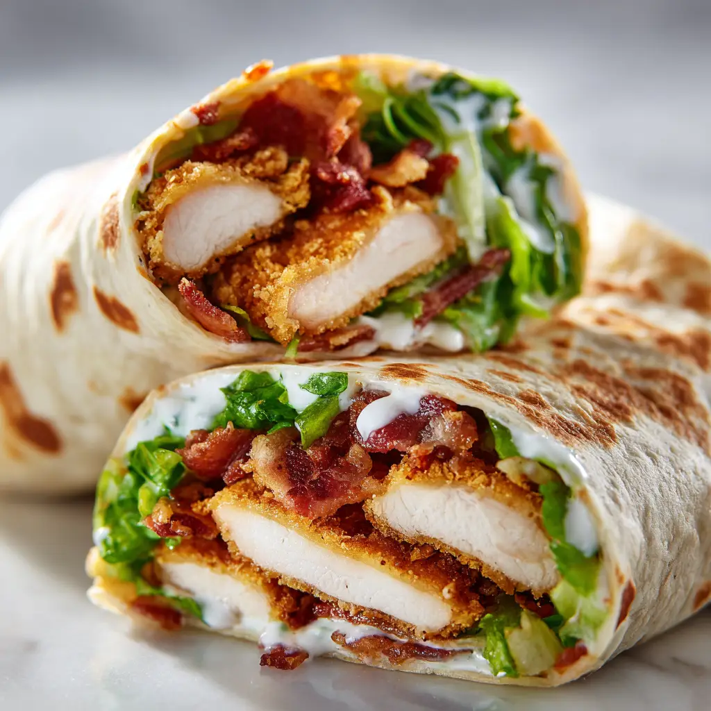 A freshly assembled chicken bacon ranch wrap being folded on a clean countertop, showing the layers of ingredients before it's rolled.