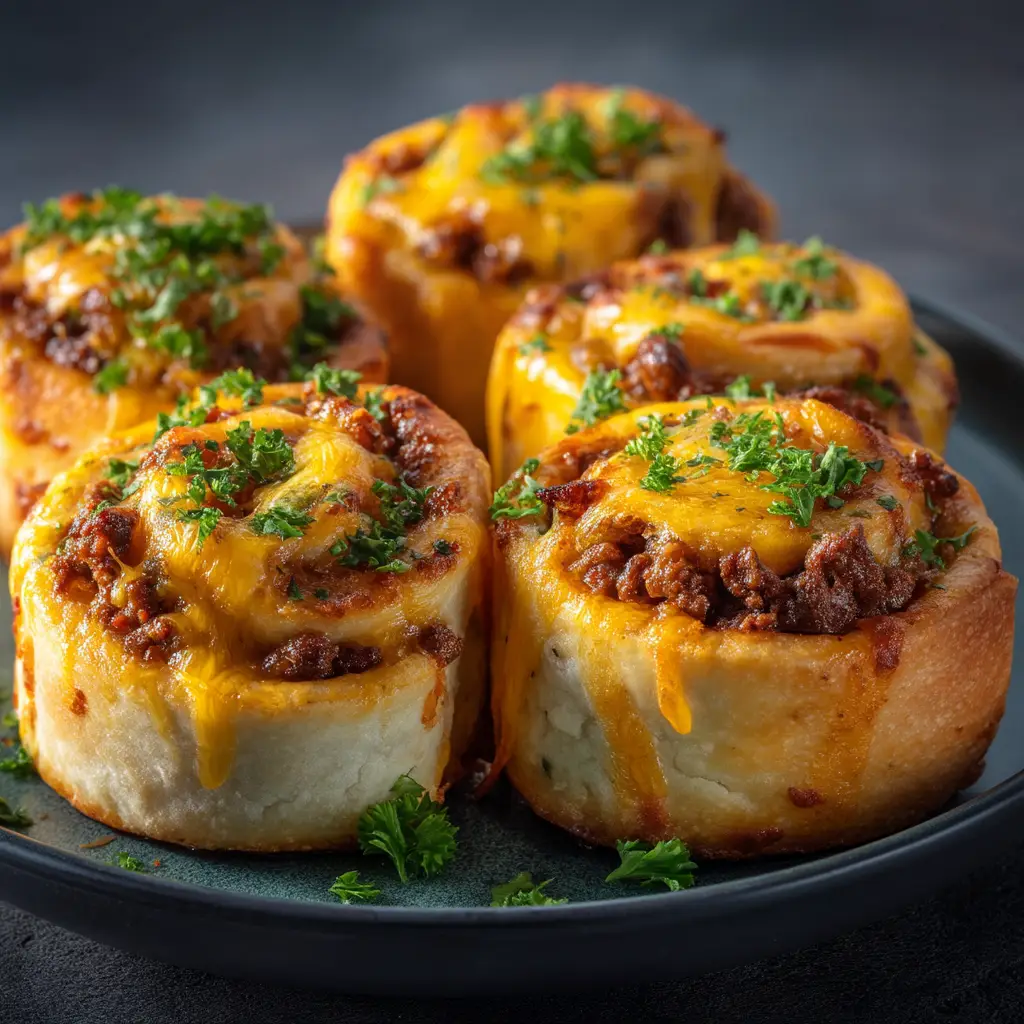 Cheeseburger Rollups: The Ultimate Easy Appetizer Recipe 1 The process of assembling cheeseburger rollups, with seasoned ground beef filling being placed on crescent roll dough before baking.