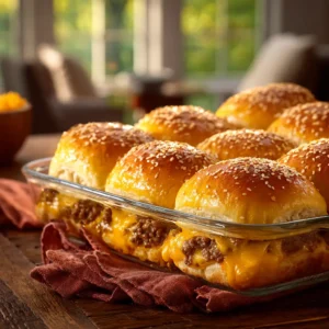 A close-up shot of the cheeseburger sliders in a baking dish before being baked, showing the layers of seasoned ground beef and cheddar cheese.