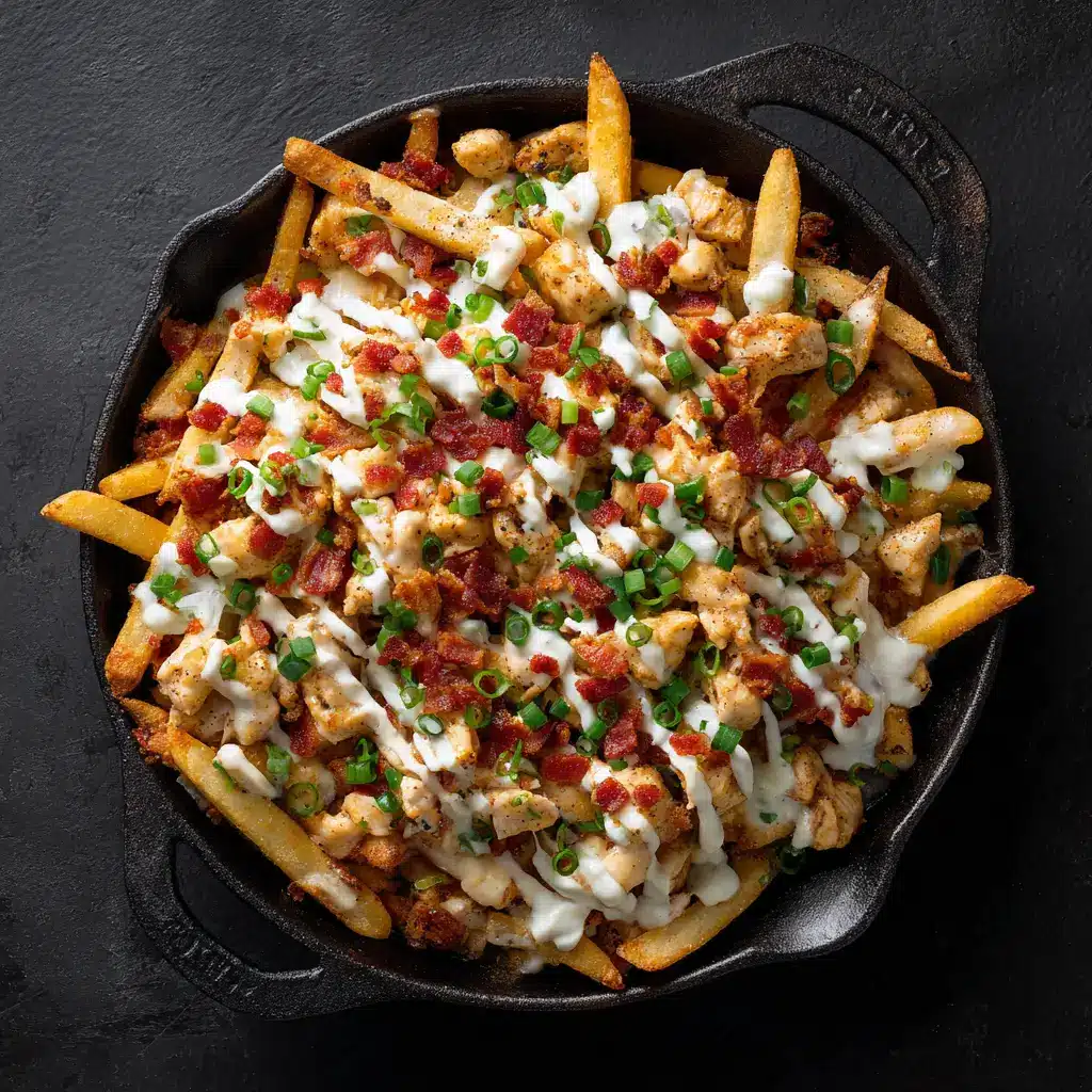 A close-up view of chicken bacon ranch fries being assembled before baking, showing the layers of ingredients.