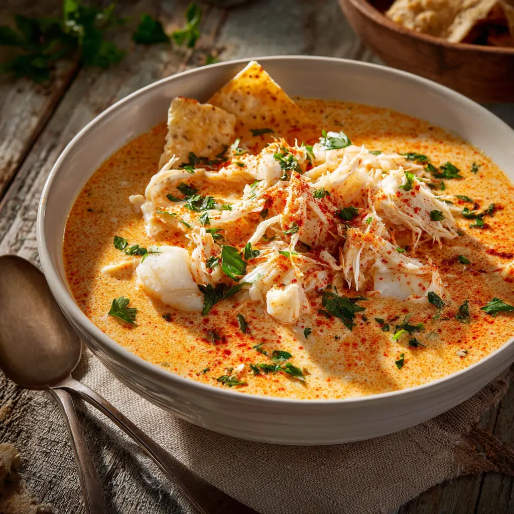 A pot of homemade crab stew simmering on the stove, showing the essential ingredients like cream, vegetables, and seasonings coming together.
