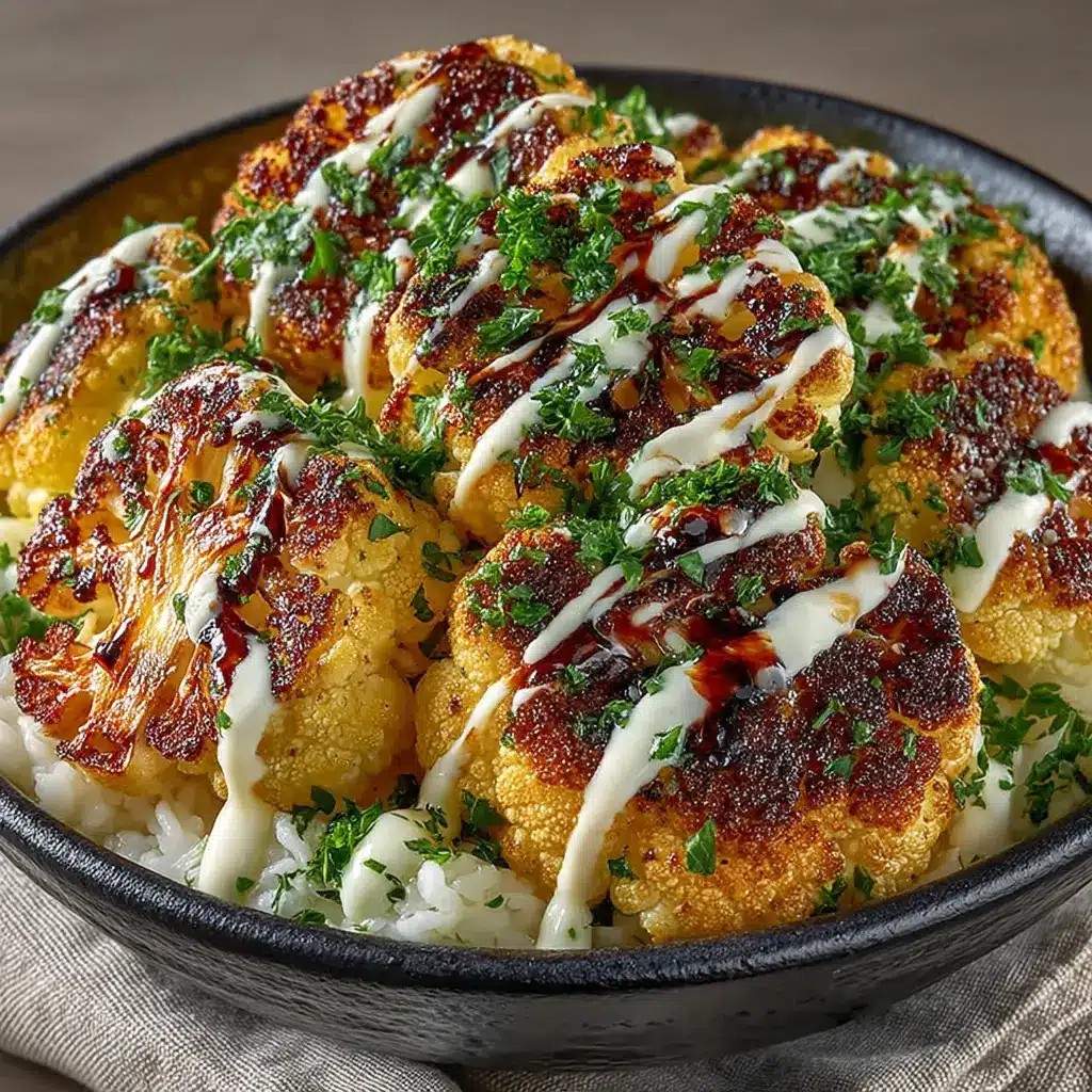 Cauliflower florets coated in Moroccan spices on a baking sheet before being roasted.