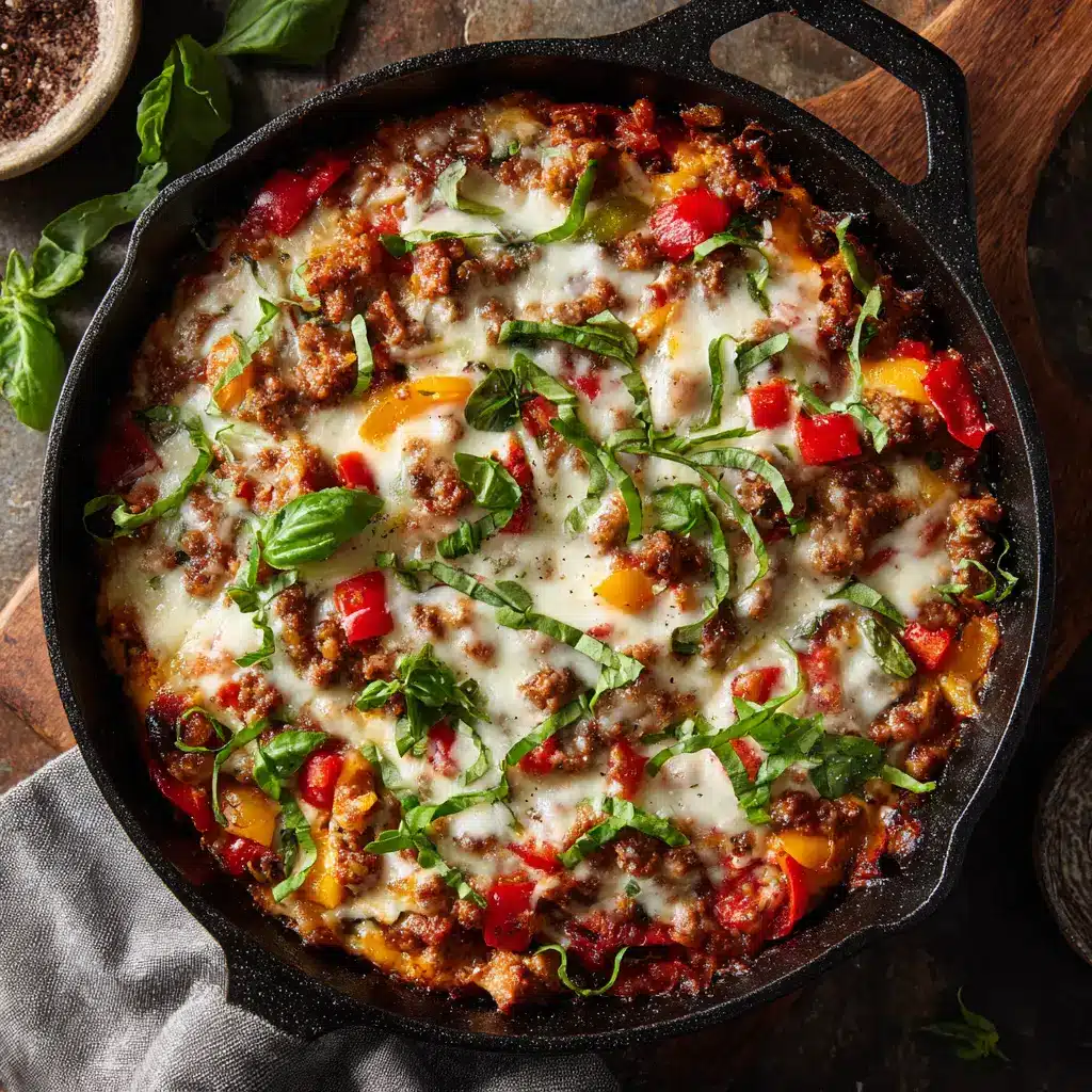 A step-by-step image showing the low carb pizza bowl being prepared in a cast iron skillet before broiling.