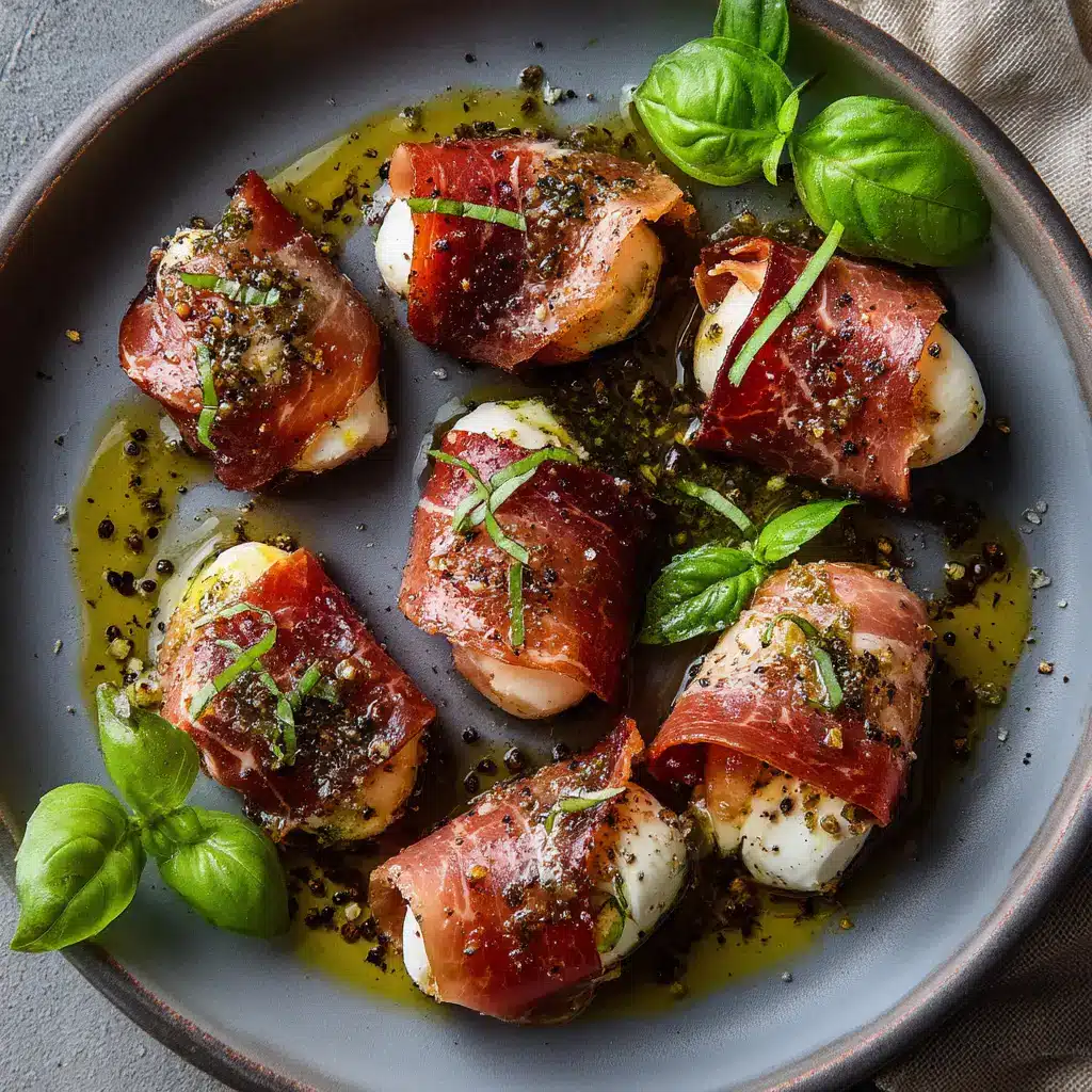 Step-by-step process of wrapping fresh mozzarella balls in thin slices of prosciutto before cooking.