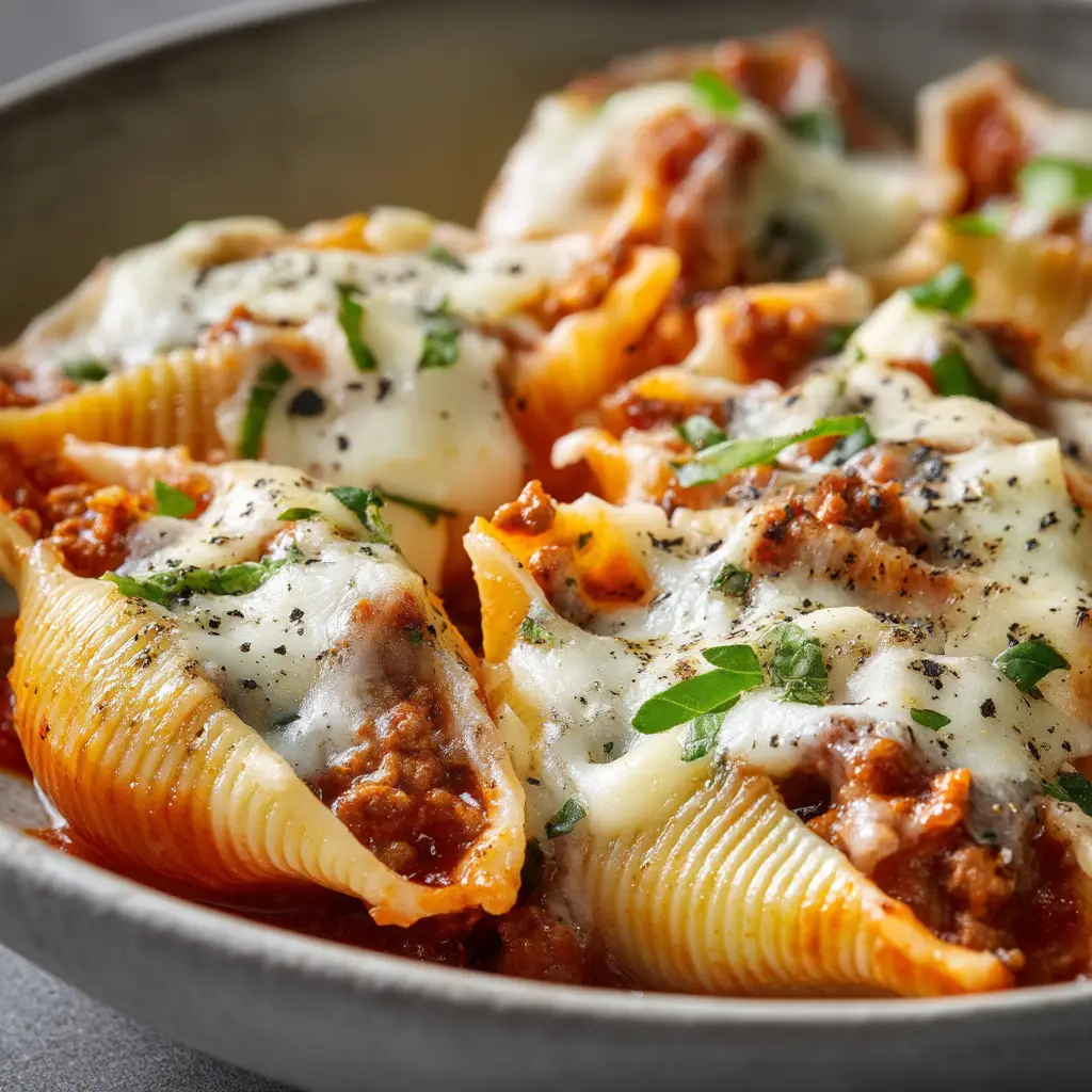 A baking dish showing the process of assembling the baked sausage stuffed shells before they go into the oven.