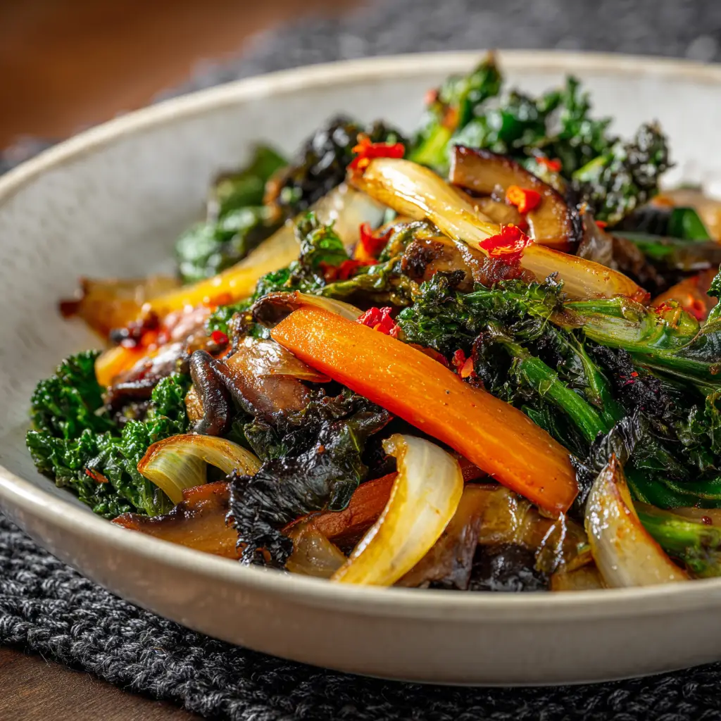 A vibrant mix of chopped raw vegetables including broccoli, zucchini, bell peppers, and red onion on a cutting board, ready to be sautéed.