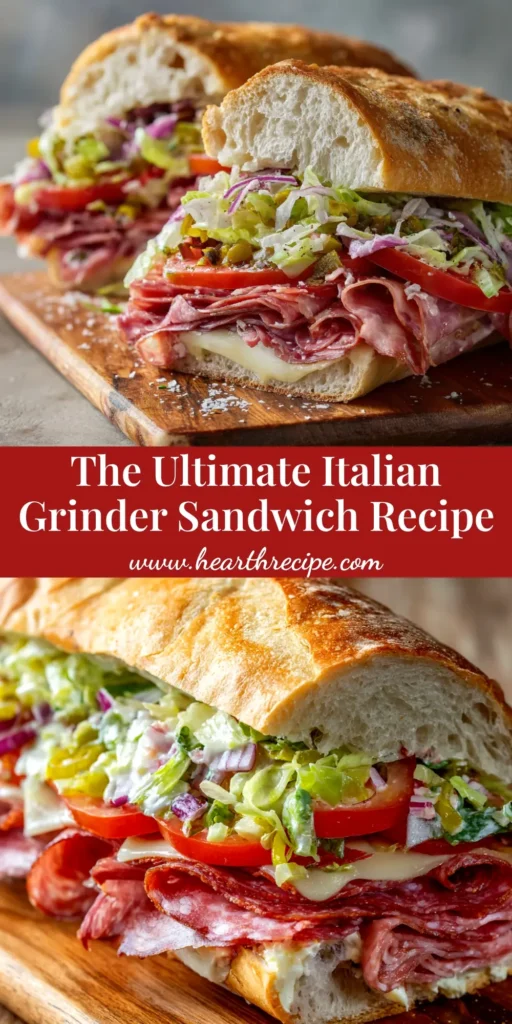A delicious Italian Grinder Salad Sandwich cut in half, showcasing the layers of deli meat, melted cheese, and a generous amount of creamy grinder salad.