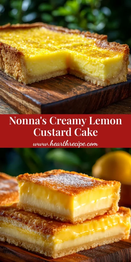 A perfect slice of Italian Lemon Custard Cake on a white plate, showing the distinct layers of fluffy cake on top and creamy custard below. The cake is dusted with powdered sugar.