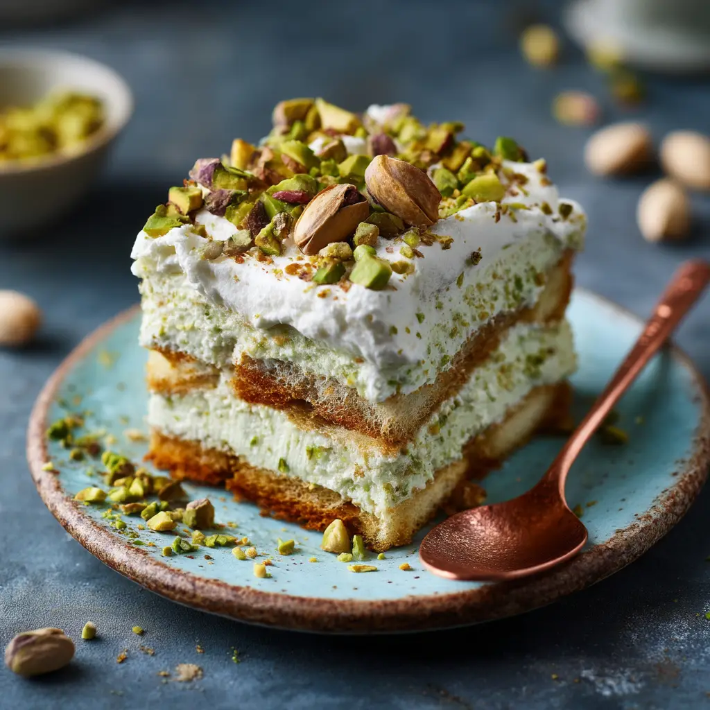 A whole 8x8 dish of Italian pistachio tiramisu, garnished with a generous amount of chopped pistachios, ready to be served.