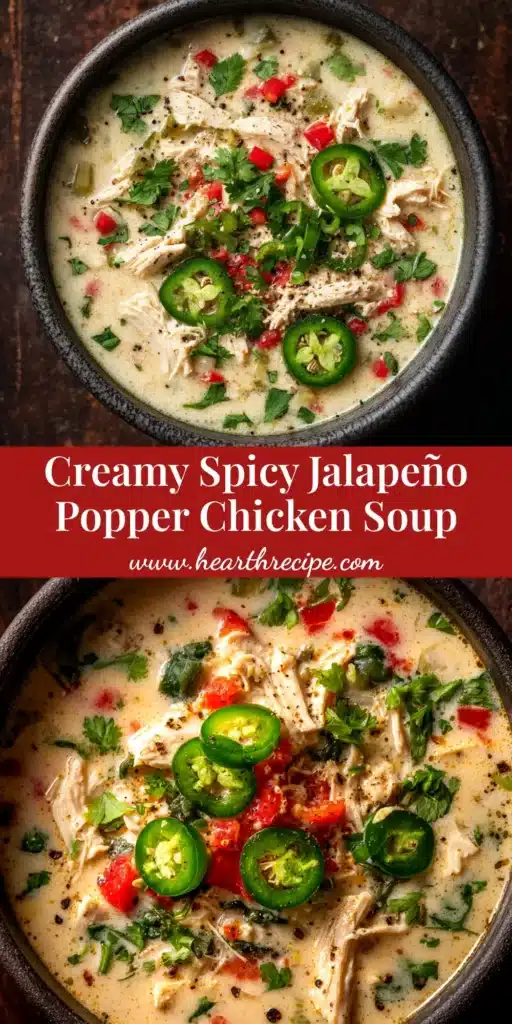 A bowl of creamy Jalapeño Popper Chicken Soup topped with crispy bacon, shredded cheddar cheese, and sliced jalapeños, ready to be pinned.