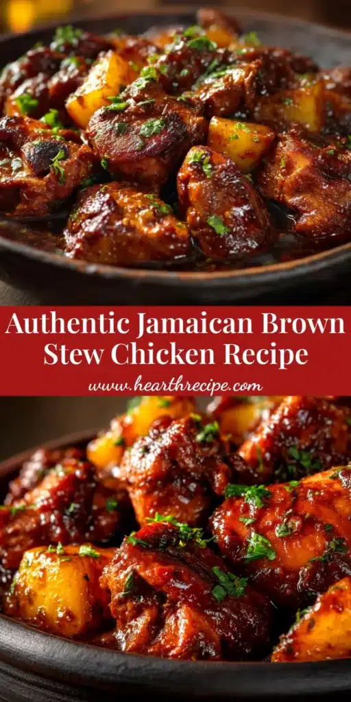 A delicious bowl of authentic Jamaican Brown Stew Chicken, with tender chicken pieces in a rich, dark gravy, garnished with fresh herbs.