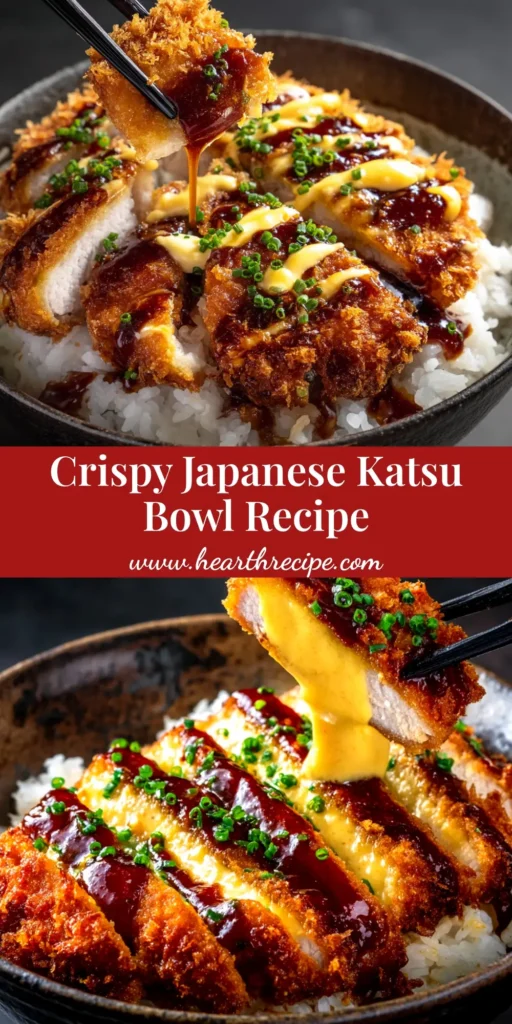 A delicious Japanese Katsu Bowl with a crispy pork cutlet sliced over a bed of fluffy white rice, drizzled with tonkatsu sauce and garnished with shredded cabbage.