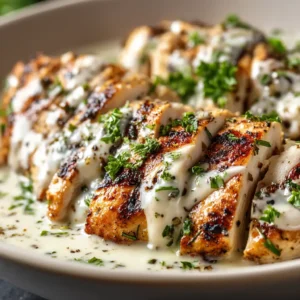 An extreme close-up shot of sliced baked Caesar chicken, showing the tender, juicy texture and the golden parmesan crust.