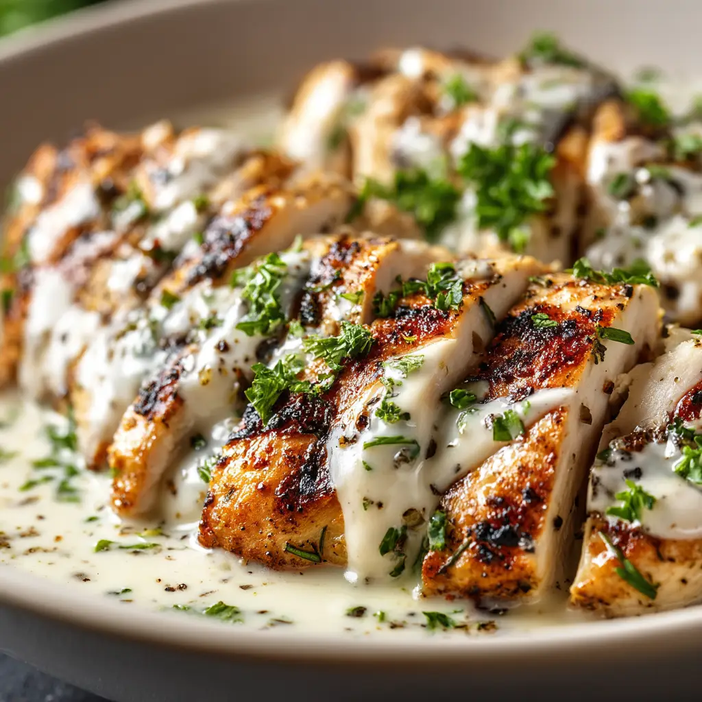 Caesar Chicken: The Ultimate Guide to Juicy, Flavorful Perfection 2 An extreme close-up shot of sliced baked Caesar chicken, showing the tender, juicy texture and the golden parmesan crust.
