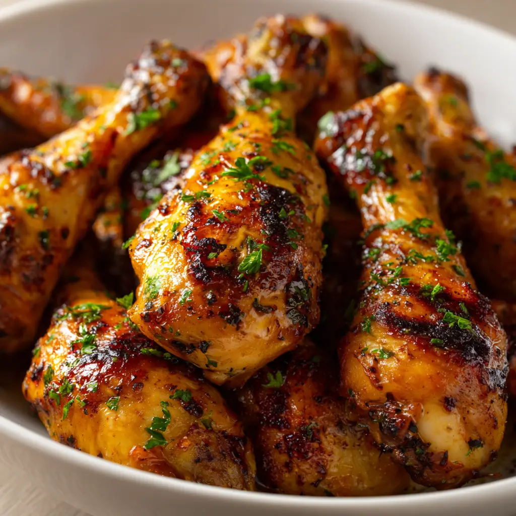 A close-up detail shot of juicy baked chicken drumsticks, showing the texture of the seasoning and crispy skin.