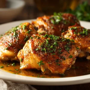 An extreme close-up of a slow cooker chicken thigh, highlighting the juicy, tender meat and the rich, dark sauce clinging to it. The texture of the chicken is the main focus.