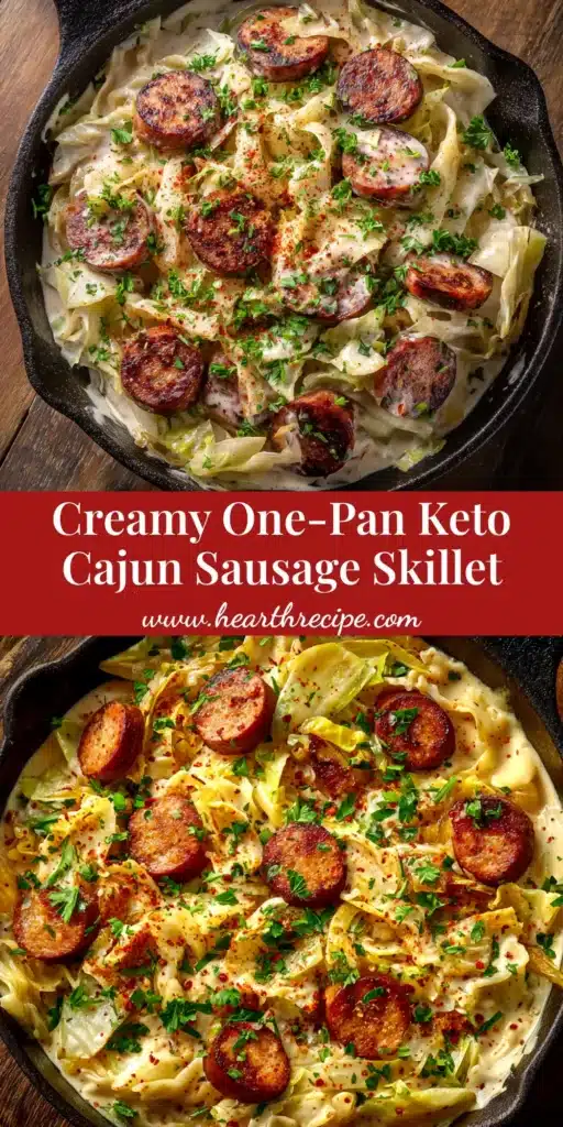 A top-down view of a skillet filled with Keto Cajun Sausage and Cabbage, ready to be served. The sausage is perfectly browned and mixed with tender cabbage.