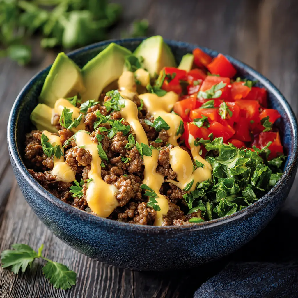 A fully assembled keto burger bowl, showcasing the seasoned ground beef layered over fresh lettuce with toppings and a creamy sauce. Perfect for a low-carb meal prep lunch.