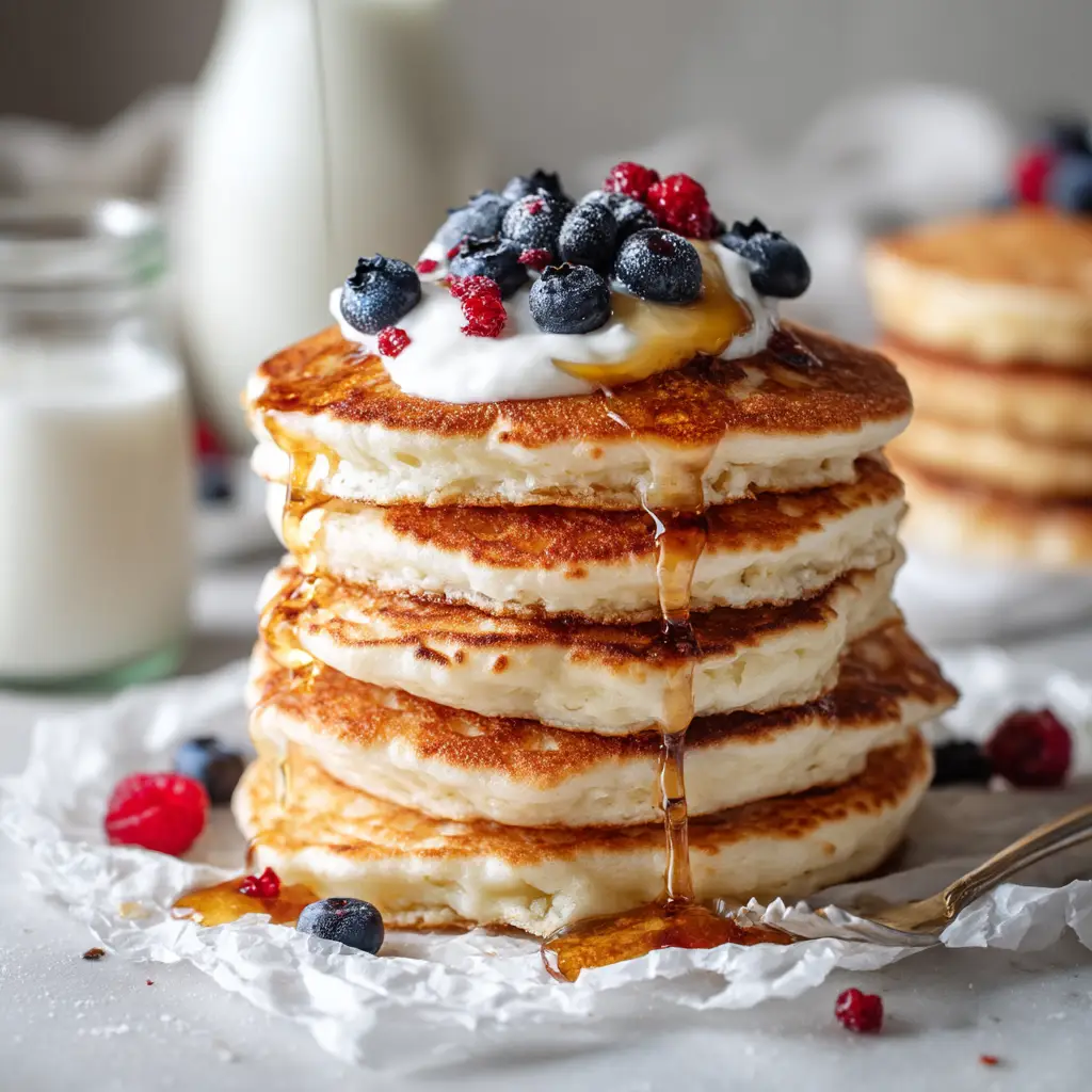 A stack of keto-friendly coconut flour pancakes shown from the side to highlight their impressive fluffy height.