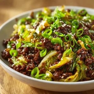 A close-up shot of the finished keto Mongolian ground beef stir fry in a skillet, showing the glossy, sugar-free sauce and fresh green onions.