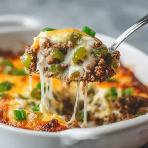 A close-up spoonful of the keto Philly cheesesteak bake, showing the creamy sauce, tender steak, and stringy provolone cheese.