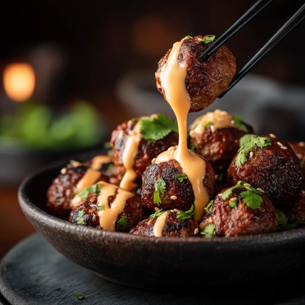 A serving of sweet and spicy Korean meatballs in a ceramic bowl, placed on a bed of white rice and ready to be eaten.