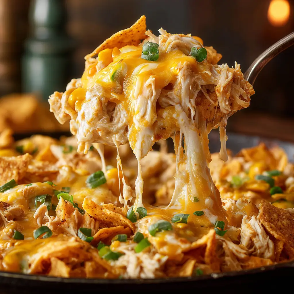 A serving of layered Dorito casserole on a plate, showcasing the distinct layers of crushed Doritos, chicken filling, and cheese.