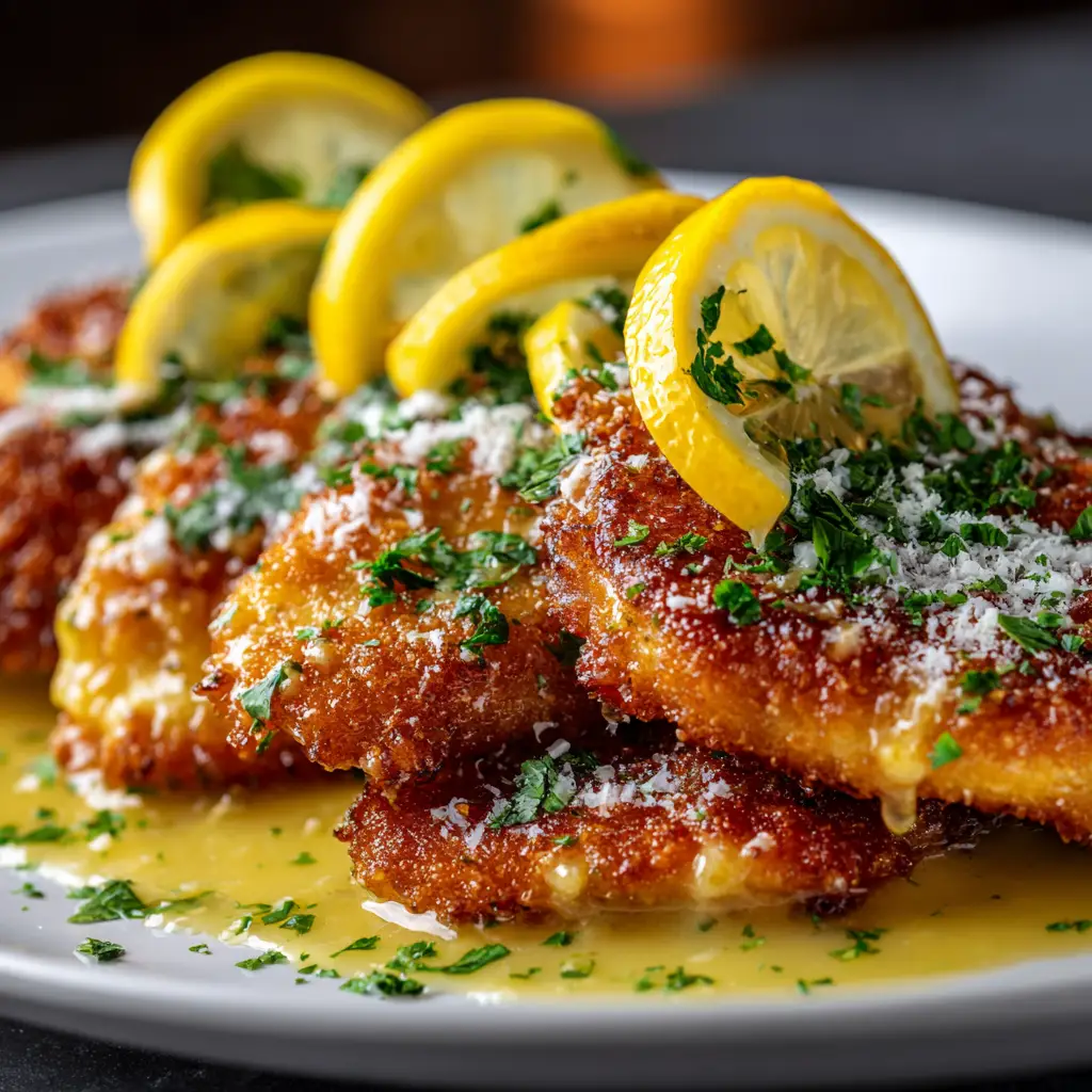 A pan of golden-brown Lemon Chicken Romano cutlets being drizzled with a fresh lemon butter pan sauce.