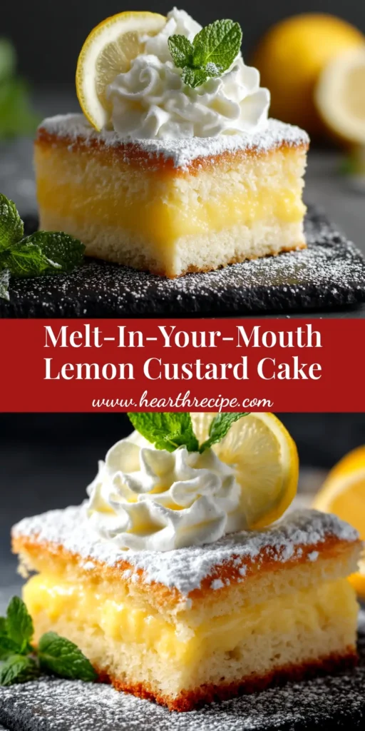 A beautiful overhead shot of the Lemon Custard Cake, dusted with powdered sugar and cut into squares to show the magical three layers.