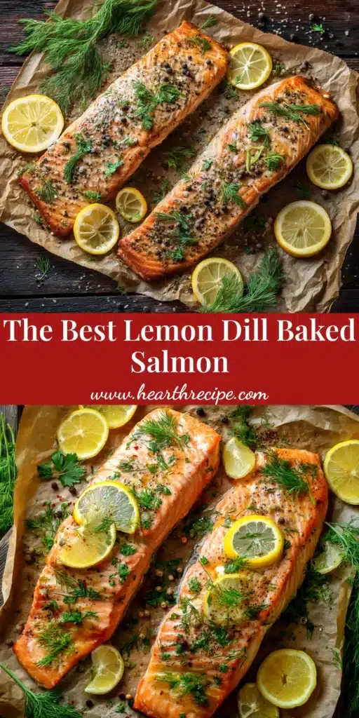 A close-up shot of perfectly cooked Lemon Dill Baked Salmon, garnished with fresh dill and lemon slices on a piece of parchment paper.
