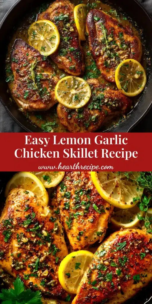 Lemon Garlic Chicken Skillet: The Ultimate 30-Minute Recipe 4 A vibrant Lemon Garlic Chicken Skillet in a black cast-iron pan, garnished with fresh parsley and lemon slices. The perfect 30-minute one-pan meal.