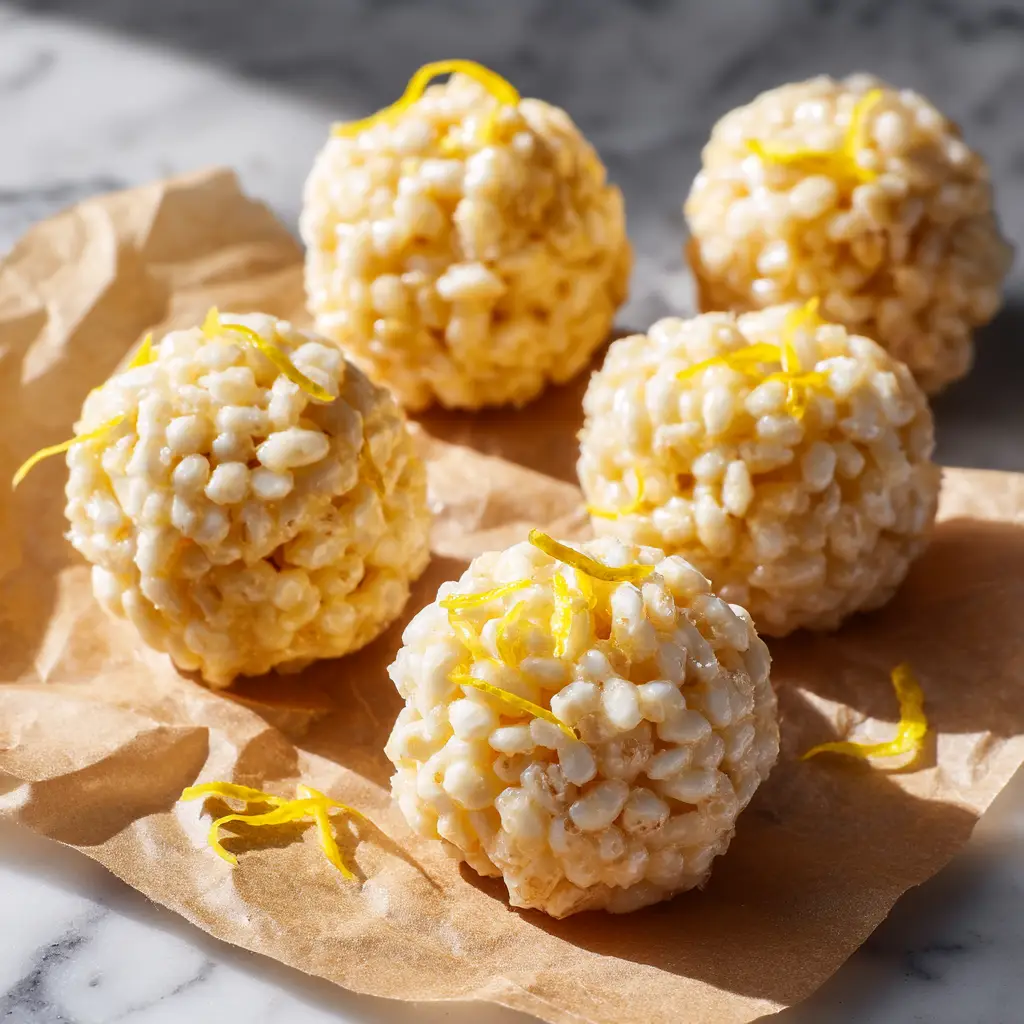 A pan of freshly made lemon rice krispie bars, pressed evenly and topped with a drizzle of white chocolate and a sprinkle of lemon zest.